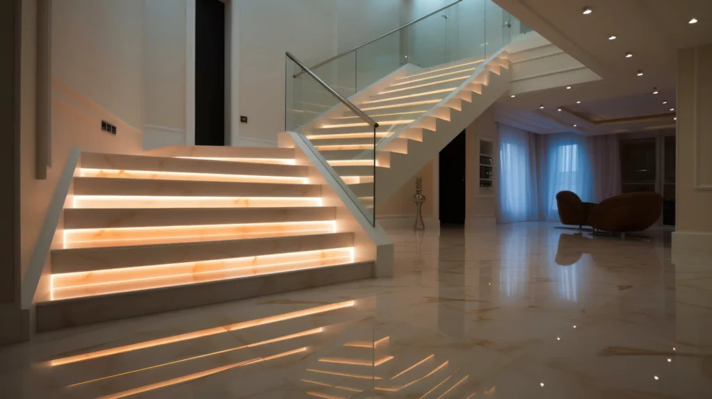 LED lights on stairs in a home make it look aesthetically pleasing but also good for safety. They can be cut to the length needed. 